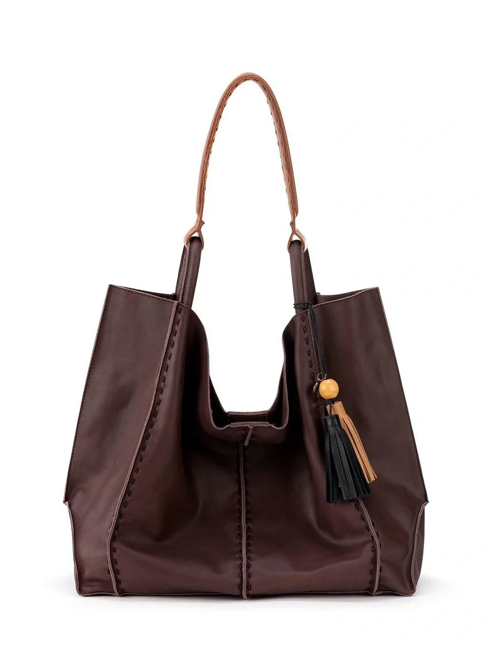 The Sak Dark Brown Shoulder Tote with Tan Handle and Tassel - Picture 1 of 6